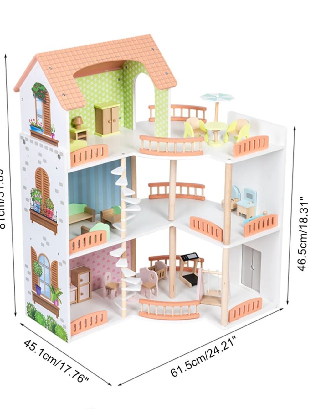 Wooden Dollhouse Playset, 3-Story Montessori Pretend Play Toy - Picture 14 of 16